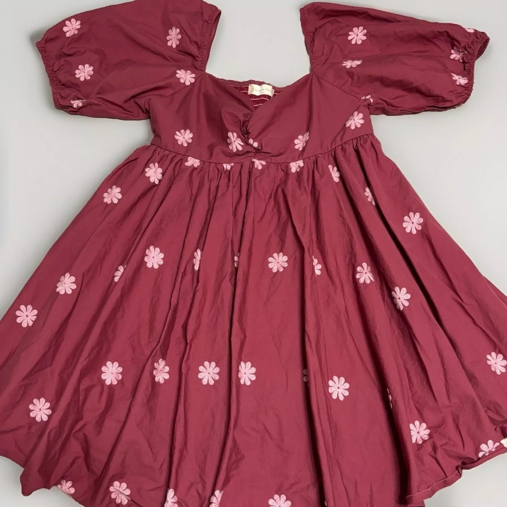 Altar'd State Floral Embroidered Puff Sleeve Mini Dress Dark Pink - Size Medium